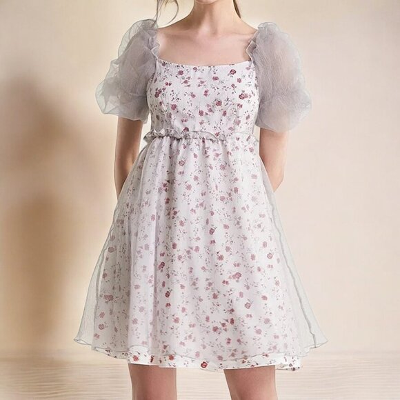 NWT J.ING Floral Print Bubble Sleeve Mini Dress - Picture 3 of 6